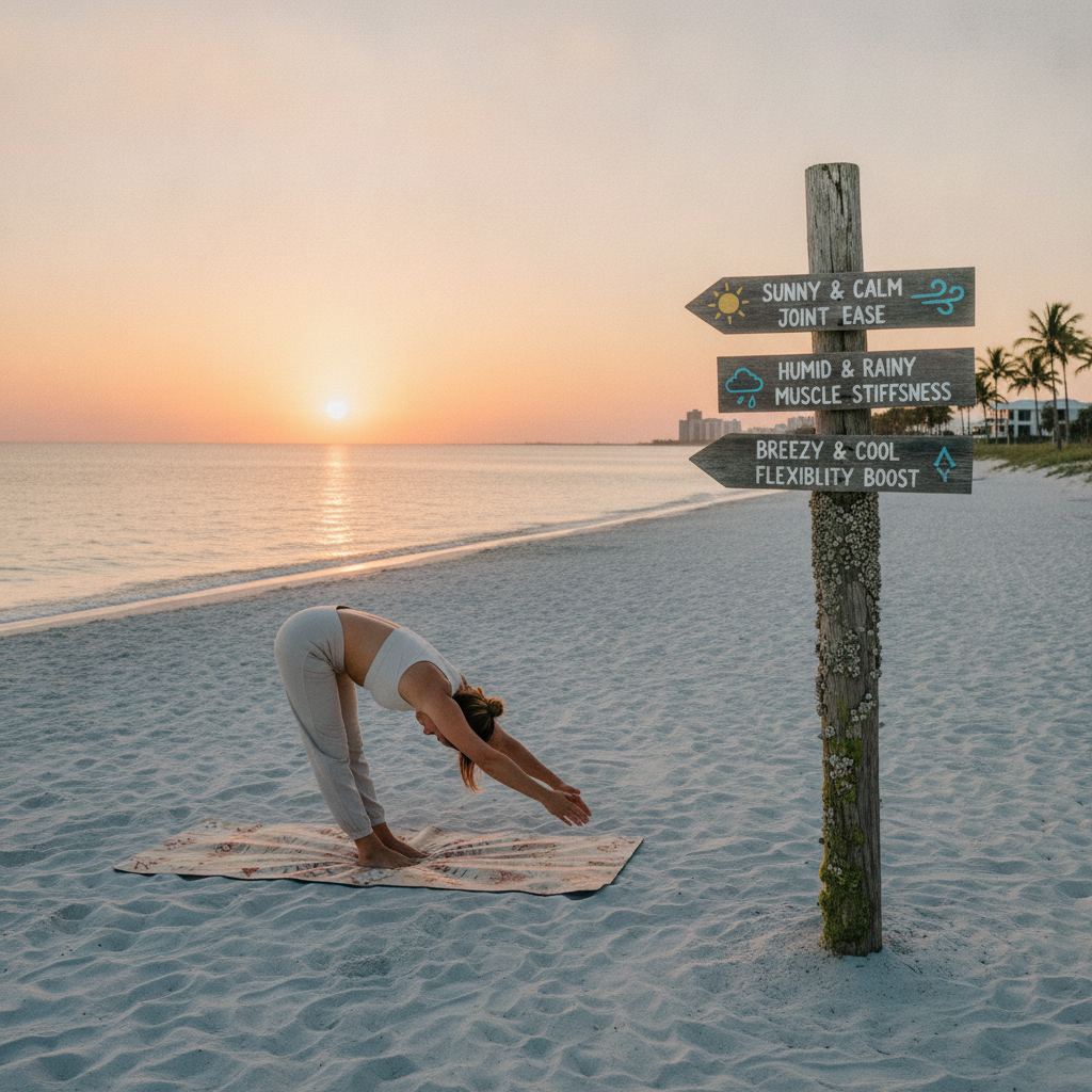 Palm trees swaying in a humid breeze with a person gently stretching their back outdoors, illustrating back pain treatment Naples FL