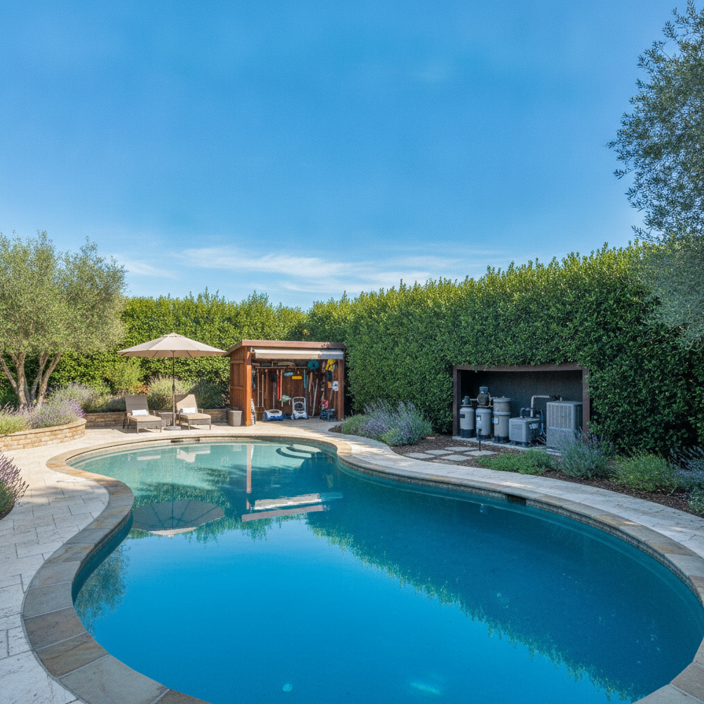 Modern pool equipment installation Rancho Margarita CA with neat layout and sound-reducing enclosures