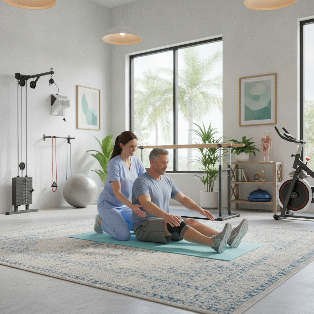 Physical therapist Naples FL guiding a patient through post-surgery rehabilitation exercises in a modern clinic