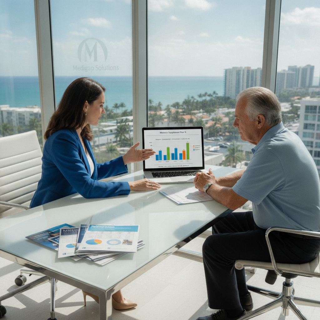 Medicare Supplement Agent Fort Lauderdale FL discussing Plan G and Plan N options with clients in a modern office
