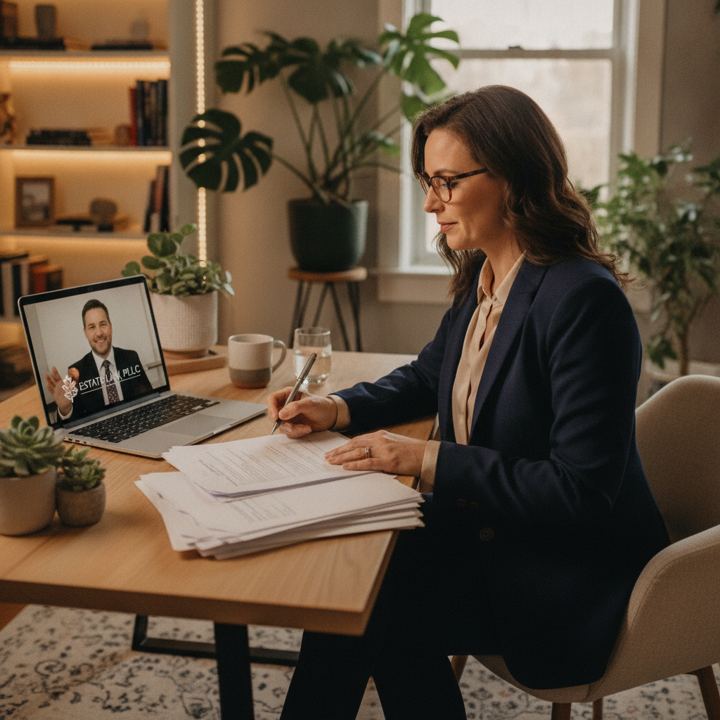 Estate Planning Lawyer Kansas City MO meeting with clients to discuss wills, trusts, and legal documents in a professional office