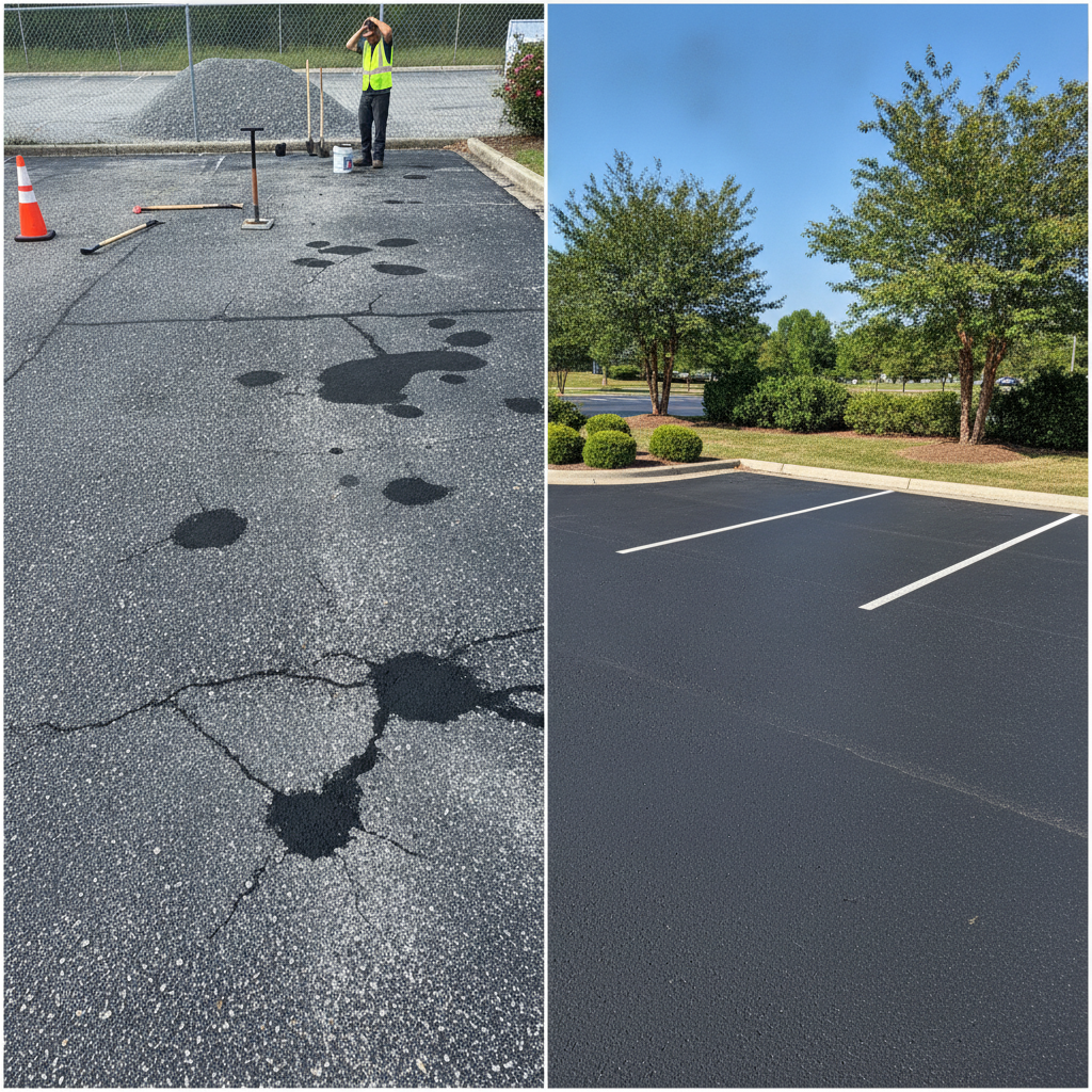 Freshly patched and resurfaced asphalt lot with clear markings, highlighting Asphalt Repair Lodi NJ techniques